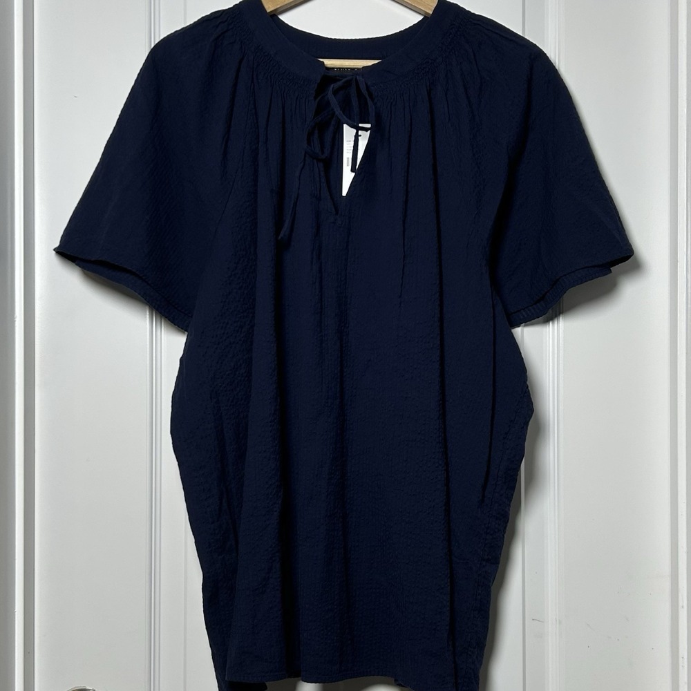 Lane Bryant Navy 100% Cotton‎ Flutter Sleeve Smocked Keyhole Tie Peasant Top